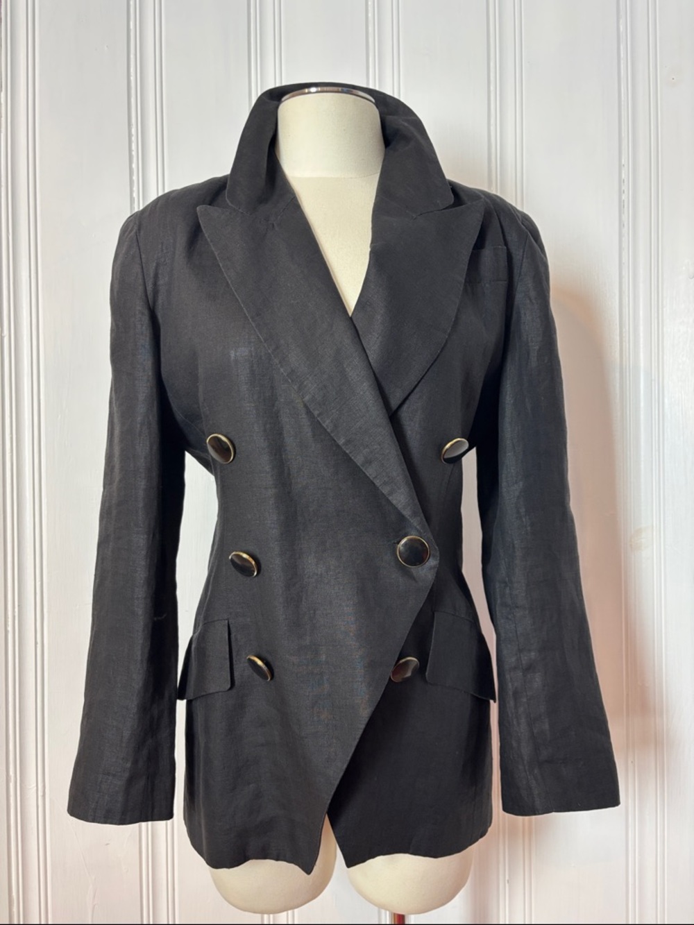 Vintage HOLT RENFREW Double-Breasted Black Linen Blazer | Size Medium estimated - Picture 2 of 10